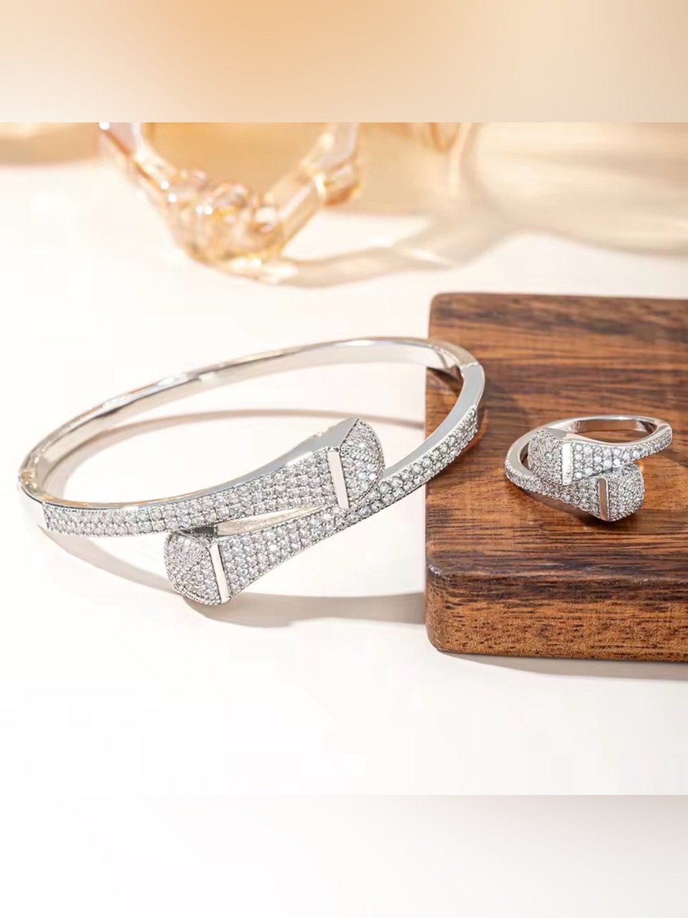 18K White Gold Micro Pave Diamond Geometrical Cuff Bracelet & Ring Stacking Set